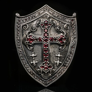 Design a sterling silver shield of faith featuring a prominent c...