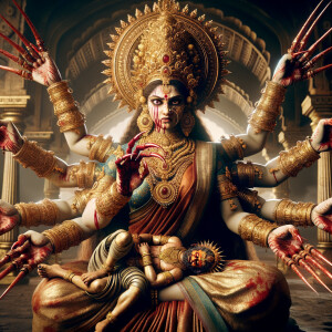 portrait of angry looking, four-armed indian goddess sitting on...