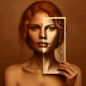 Create a portrait of a woman with ginger hair in an abstract sty...