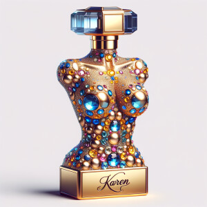Create a 3-D realistic gold and blue, colorful jewels perfume b...