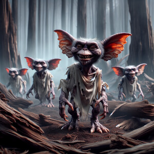 Create an ultra-realistic, highly detailed image of gremlin-like...