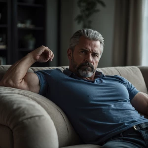 The image shows a muscular bodybuilder man lying on a couch, app...