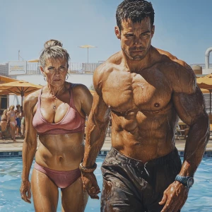 Hyperrealism art, a muscular, sweaty dangerous man walking along...