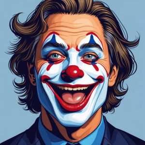 Create an image of Gavin Newsom stylized as a clown, featuring a...