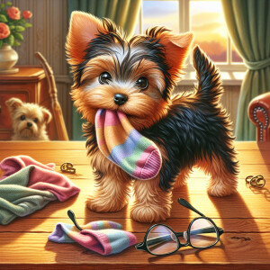 A charming and amusing illustration of a playful yorkie puppy st...