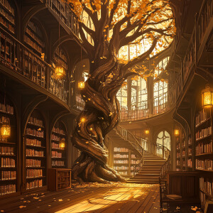 "A grand, enchanting library with towering bookshelves filled wi...