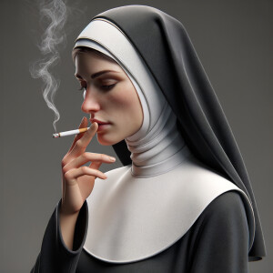 A nun smoking a cigarette