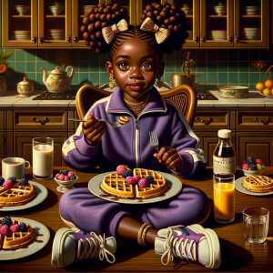 Oil painting in a luxurious kitchen sitting in a chair at the br...