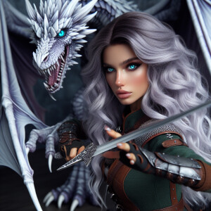 A beautiful huntress from the “Monster Hunter” series with dark...