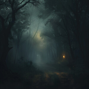 AI Image: A dark, foggy forest with the faint outline of a path...