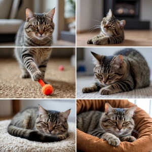 Create a video featuring a playful domestic cat engaging in vari...