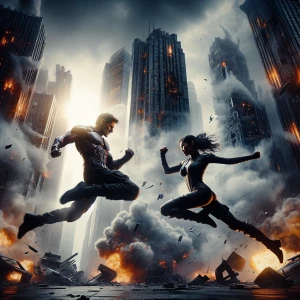 A superhero fighting a villain midair in a crumbled city of skys...