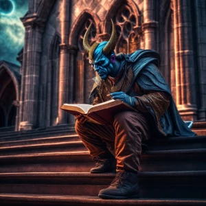 A digital airbrushed illustration of a beautiful Demon , sitting...