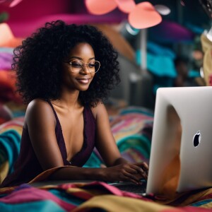 black women with lone black wavy hair wearing glasses, bright sm...