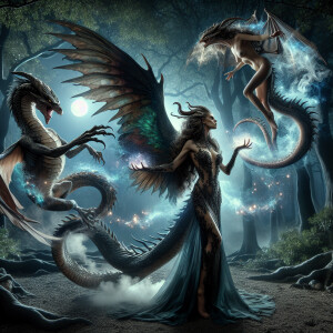 "Visualize an enchanting scene set in an ancient, moonlit grove...