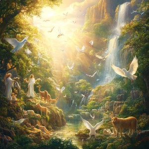 Create a tranquil vertical panorama portraying a heavenly landsc...