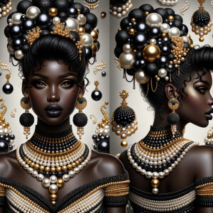 Imagine a digital portrait of a light skinned African-American Latino regal woman named KAREN Her attire and accessories are exclusively adorned with black and gold pearls. They grace her voluminous hair, styled in an elegant updo, where the black pearls form the roots and the gold pearls create the stunning curls. Her ears boast chandelier earrings, with black pearls clustered at the top, transitioning to gold pearls that dangle with delicate grace. Around her neck, a tiered necklace cascades with strands of alternating black and gold pearls, reflecting a sophisticated contrast.

Her shoulders are draped with a luxurious off-shoulder gown, the fabric's weave incorporating intricate patterns formed by black and gold pearls. The gown's texture has a subtle sheen, suggesting a high-quality material with a pearlescent finish. As a centerpiece, a grand brooch sits at her collar, with a large gold pearl surrounded by an elaborate design of smaller black pearls.

The background of the portrait features an abstract composition of floating pearls, swirling in a dance of shadows and light, emphasizing the color theme of black and gold. The name "KAREN" is discreetly integrated into the lower right corner of the artwork, blending seamlessly with the design, as if it were a signature part of the jewelry ensemble. The overall effect is one of timeless elegance, a blend of modern design and classic beauty, all tied together by the luxurious palette of black and gold.