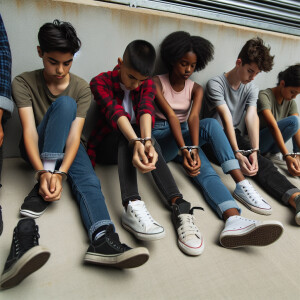 6 white male young teens, laying "face down" on the ground on a...