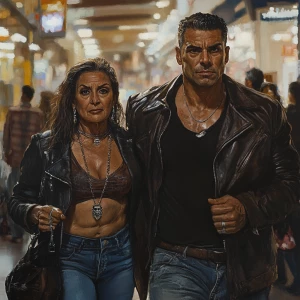 Photorealism,fantasy,a bodybuilder man ,walking with his 50 year...