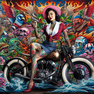 Pin up girl on an old motorcycle in an new school graffiti art t...