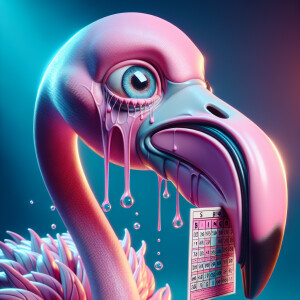 Pink flamingo holding a bingo card looking up at the sky, extrem...