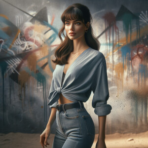 Sexy, Asian teen girl wearing skin tight jeans and a halter top long hair and bangs paint marks on her clothing, graffiti background heroic pose side view