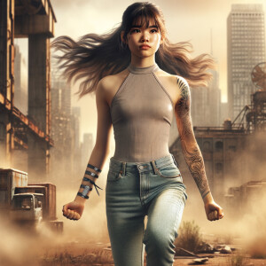 Thin Asian teen girl wearing tight jeans and a halter top Long brown hair and bangs, tattoos on her arms, athletic heroic pose