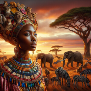Envision a magnificent African savannah at the golden hour of su...
