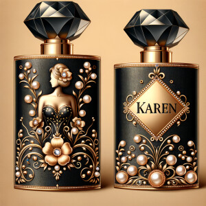 Design a fancy, black and gold bottle of perfume in the shape of a woman’s body. With a golden diamond top, flowers pearls and Diamonds in the name, Karen