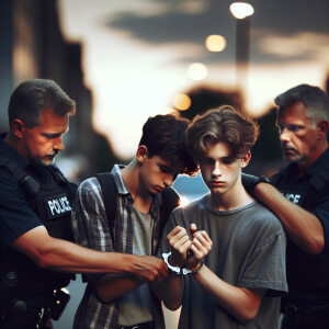 "Two Caucasian teenage boys being arrested by police officers, w...
