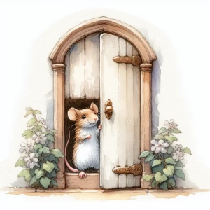 Cute mouse peeking out of a small vintage wooden door, watercolo...
