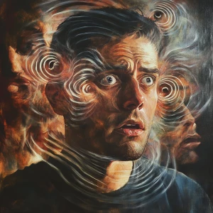 Create an image depicting a man experiencing schizophrenia, with...