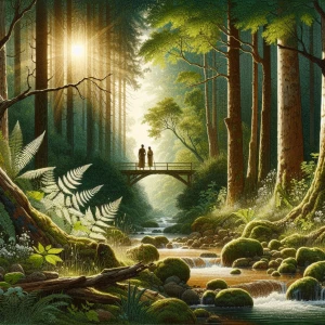 A couple standing on a wooden bridge over a calm stream, their f...