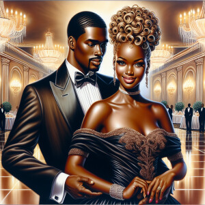 A light skin African American couple at a fancy ballroom event....