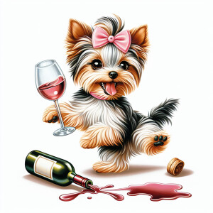 realistic illustration of a whimsical happy drunk Yorkshire terr...