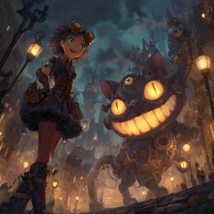 Alice in a steampunk world — wearing brass goggles, a leather co...