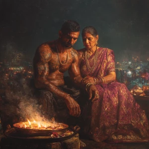 Realism, photo painting.a muscular beefy sweaty tattoed indian m...