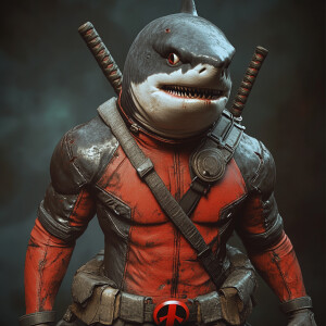 An anthropomorphic shark dressed in a fitted Deadpool costume,...