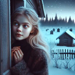 A girl with blonde hair opens the door of a house, looks at a gr...