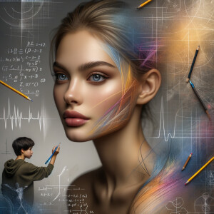 Abstract, minimalist, painting, with pencil line, paint stroke, gestures, colorful marks, mathematical equations, electrical cardiogram, printouts complex math formulas, dna asian teen girl