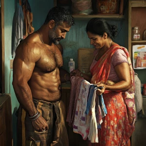 A wealthy, muscular Indian man, glistening with sweat, helps his...