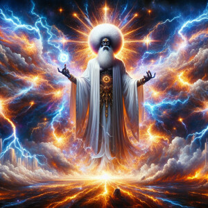 Bright light raining down. A striking figure, the Black Christ s...