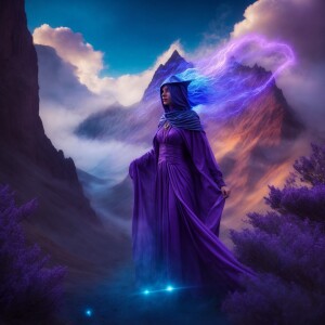 A lavender-skinned wizard alien with glowing blue eyes using her...