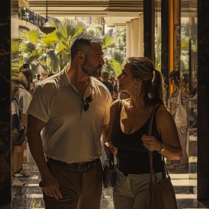 Realism.A man( muscular beefy criminal) walking with a woman(his...