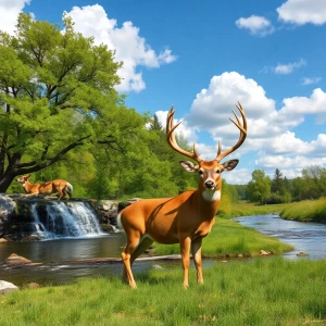 blue skies with white fluffy clouds, on the green grass is a oak...
