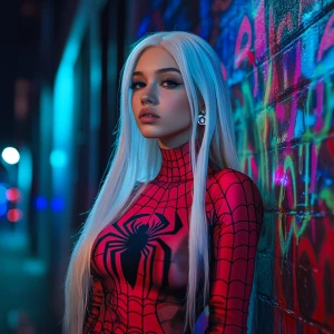 A young woman with long, straight platinum blonde hair, wearing...