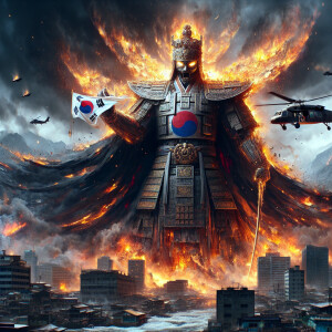 South Korea as a transformer character, adorned with Korean king...