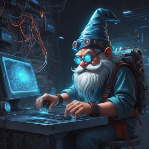 In a dimly lit workshop, a strangely sleek and modern gnome tink...