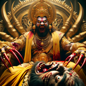 portrait of angry looking, four-armed indian goddess  sitting on...