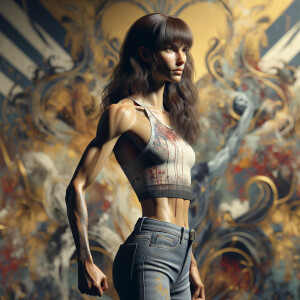 Athletic Thin skinny Attractive, Asian teenage girl, long brown hair and bangs, wearing tight skinny jeans and a halter top paint marks on her clothing, heroic pose Asian graffiti background, side view